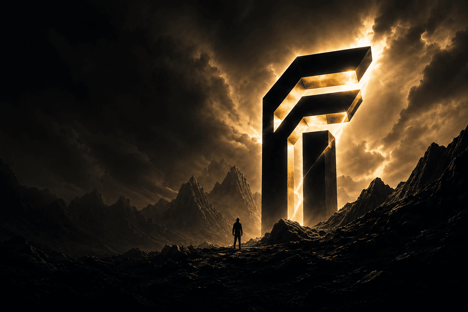 A monumental golden Fonara mark rising between mountains