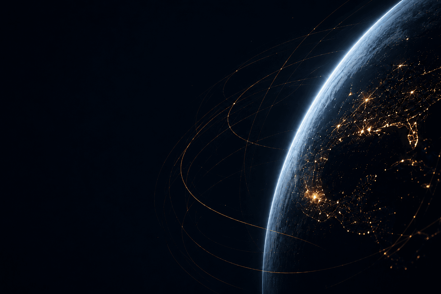 Earth at night surrounded by golden orbital paths