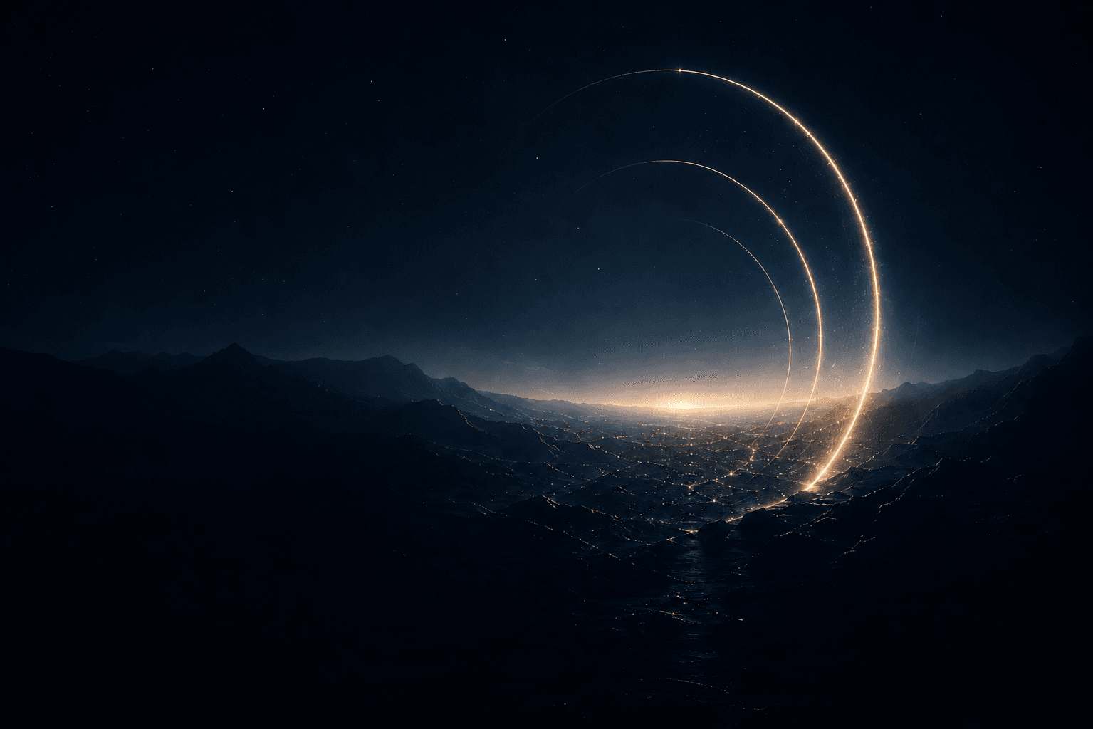 A dark futuristic valley illuminated by golden orbital arcs